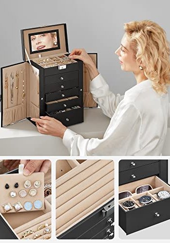 SONGMICS smykkeskrin, lsbar, m. 6 lag, 5 skuffer, speil - sort MDF