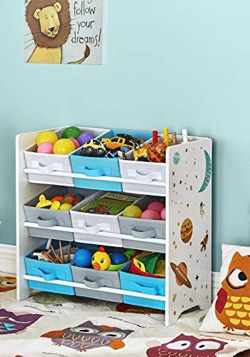 SONGMICS barnebokhylle, m. 9 uttakbare bokser - hvitt, bltt, grtt stoff og sponplater