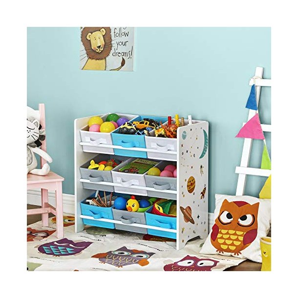 SONGMICS brnereol, m. 9 aftagelige sker - hvid, bl, gr stof og spnplade