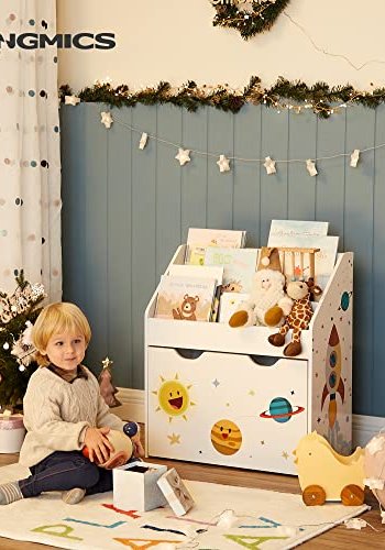 SONGMICS barnebokhylle, m. 3 hyller, flyttbar oppbevaringsboks, hjul - hvit og flerfarget MDF/sponplate