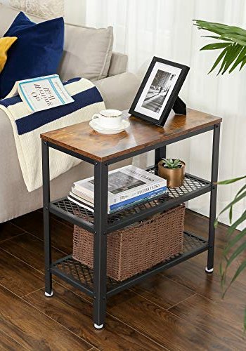 VASAGLE Beistelltisch, m. 2 Gitterablagen, rechteckig – rustikale braune Spanplatte und schwarzer Stahl (60x30)