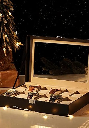 SONGMICS klokkeboks, m. 12 rom, glasslokk, avtakbare klokkeputer, metallls - grtt fôr og sort kunstskinn