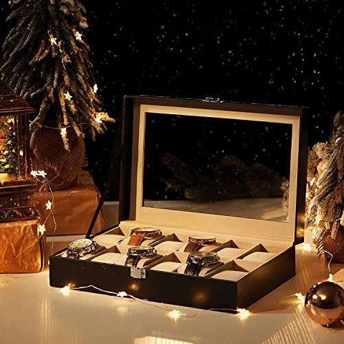 SONGMICS klokkeboks, m. 12 rom, glasslokk, avtakbare klokkeputer, metallls - grtt fôr og sort kunstskinn