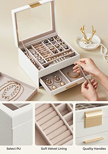 SONGMICS smykkeskrin, 3-lags, med glasslokk og 2 skuffer - gull og hvitt kunstskinn