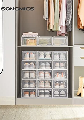 SONGMICS skoeske, stablebar, sammenleggbar, passer opp til UK strrelse 10,5 - klar/hvit plast (sett med 18)