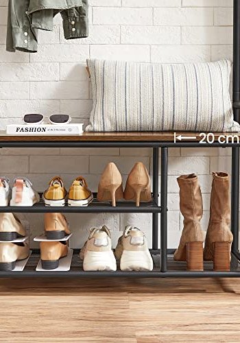 VASAGLE inngangsarrangement, m. 9 avtakbare kroker, 1 sete, 3 hyller - brun sponplate og sort stl