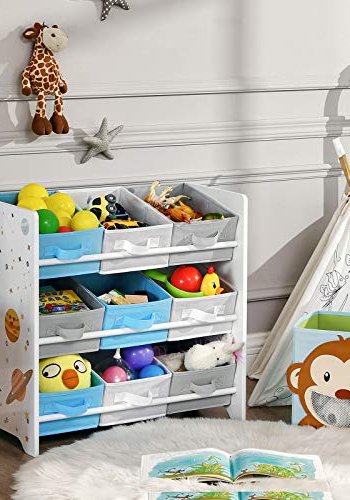 SONGMICS barnebokhylle, m. 9 uttakbare bokser - hvitt, bltt, grtt stoff og sponplater