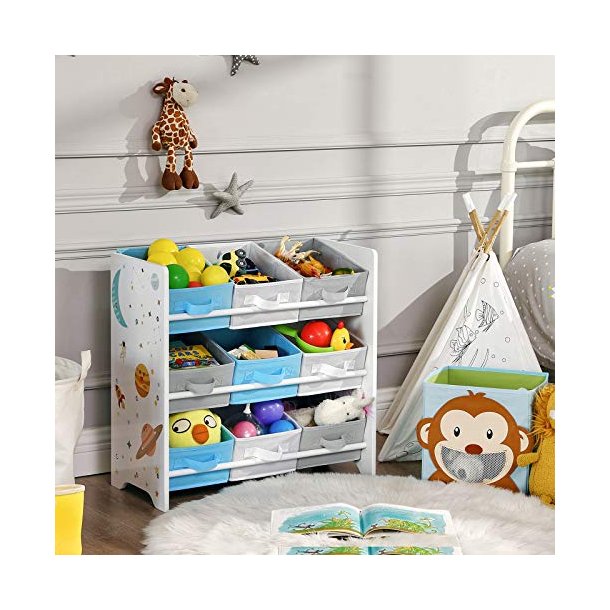 SONGMICS brnereol, m. 9 aftagelige sker - hvid, bl, gr stof og spnplade