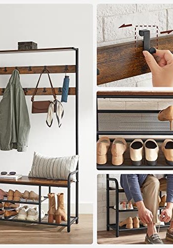 VASAGLE inngangsarrangement, m. 9 avtakbare kroker, 1 sete, 3 hyller - brun sponplate og sort stl