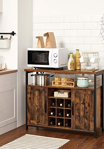 VASAGLE skjenk, m. 1 pent rom, 2 drer, 9 rom for vin - rustikk brun sponplate og svart stl