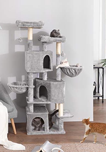 FEANDREA stor skrapestolpe, 8 niver, 2 plattformer, 3 huler, 2 Pom Poms, 2 kurver - lysegr plysj