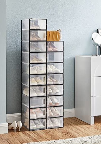 SONGMICS skostativ, stabelbar, sammenleggbar, opp til UK strrelse 10,5, m. 18 bokser - klar og sort plast