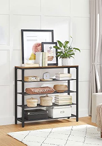 VASAGLE Schuhregal, mit 4 Gitterböden – braune Spanplatte und schwarzer Stahl