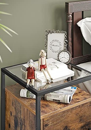 VASAGLE nattbord, m. 1 dr og 1 hylle - herdet glass, rustikk brun sponplate og svart jern (40x40)