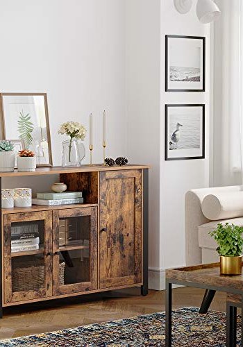 VASAGLE Sideboard, mit 1 offenen Fach, 3 Türen und Einlegeböden – rustikale braune Spanplatte und schwarzer Stahl