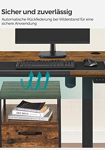 SONGMICS Hevet nedre bord, 4 hyder, med stofflomme - rustikk brun/svart sponplate og stl (140x60)