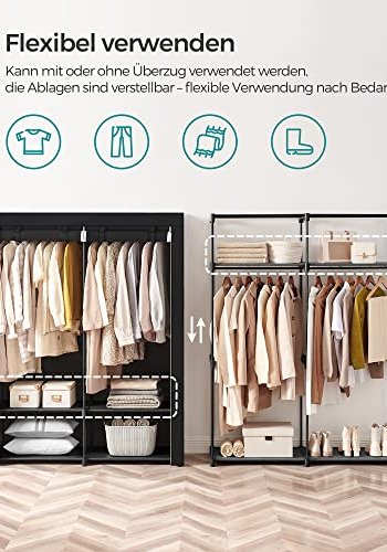 SONGMICS garderobe, sammenleggbar, m. 2 henger og 2 hyller - svart stoff og metall