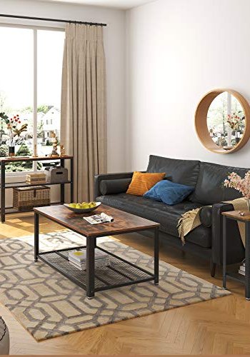 VASAGLE Beistelltisch, mit 1 Gitterablage, rechteckig – rustikale braune Spanplatte und schwarzer Stahl (60 x 30)