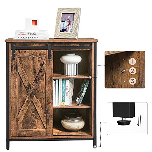 VASAGLE Sideboard, mit 1 Schiebetür und 2 verstellbaren Einlegeböden – rustikale braune Spanplatte und schwarzer Stahl