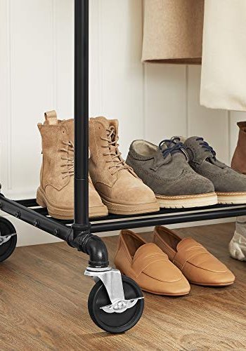 SONGMICS industrirr klesstativ p hjul, maksimal belastning p 110 kg, dobbel hengende skinne, kraftig metall med hylle, kommersiell kvalitet, svart HSR60B