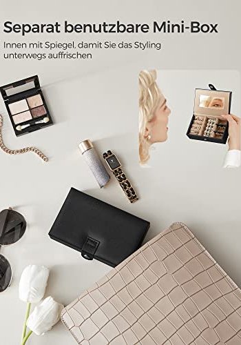 SONGMICS smykkeskrin, m. 2 skuffer, speil, reiseveske - sort kunstskinn