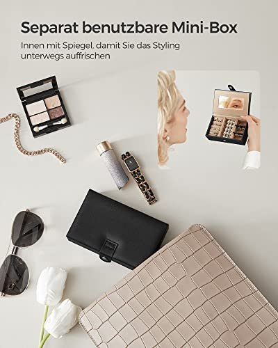 SONGMICS smykkeskrin, m. 2 skuffer, speil, reiseveske - sort kunstskinn