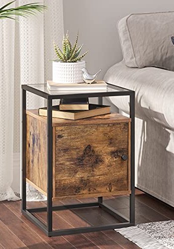 VASAGLE nattbord, m. 1 dr og 1 hylle - herdet glass, rustikk brun sponplate og svart jern (40x40)
