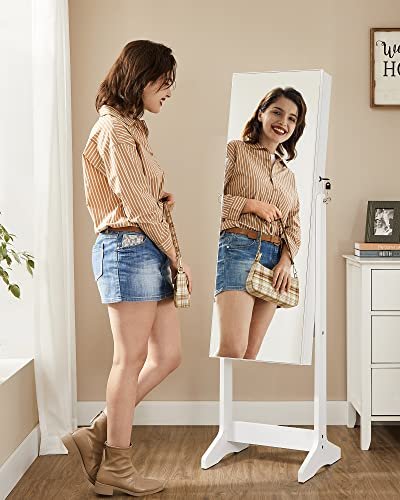 SONGMICS smykkeskap, lsbart, med speil, 2 plastoppbevaring for kosmetikk - speilglass og hvit MDF