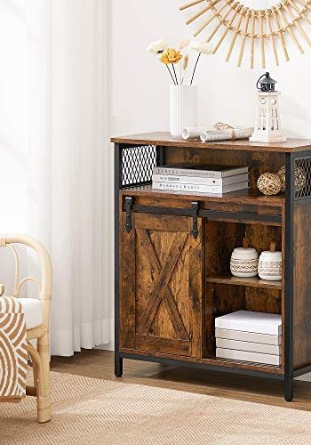 VASAGLE skjenk, m. 1 pent rom, 1 skyvedr, 1 justerbar hylle - rustikk brun sponplate og sort stl