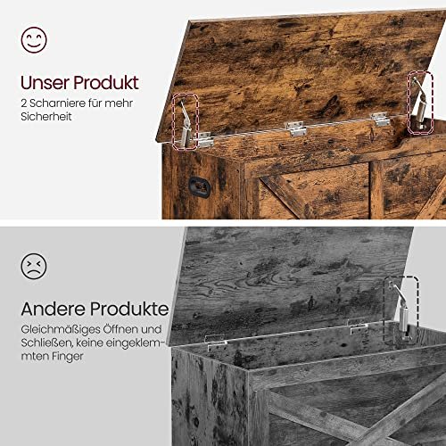 VASAGLE benk, med oppbevaringsplass og 2 sikkerhetshengsler - rustikk brun sponplate (100x40) 