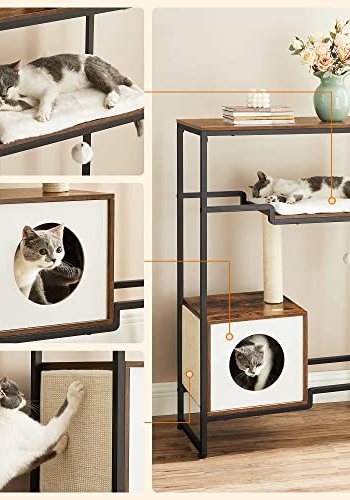 FEANDREA skrapestolpe, 3 niver, 1 hylle, 1 plattform, 1 hulrom - plysj, sisal, rustikk brun sponplate