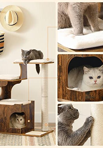 FEANDREA skrapestolpe, 3 niver, 3 plattformer, 1 hule - hvit plysj, sisal og rustikk brun MDF