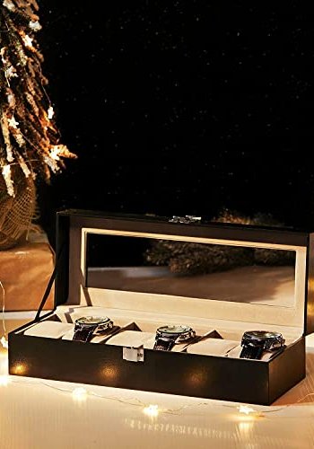 SONGMICS klokkeboks, m. 6 seter, glasslokk, flyelsputer, ls - gr flyel og sort kunstskinn