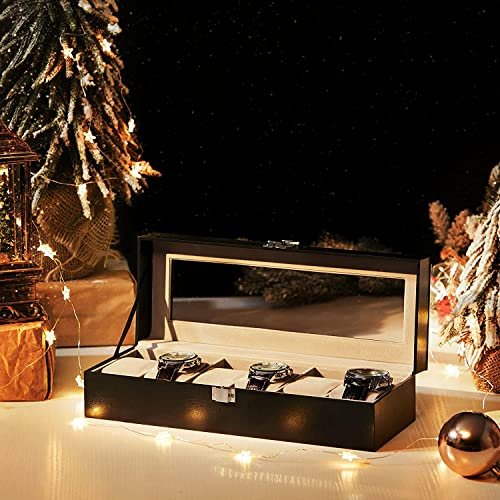 SONGMICS klokkeboks, m. 6 seter, glasslokk, flyelsputer, ls - gr flyel og sort kunstskinn