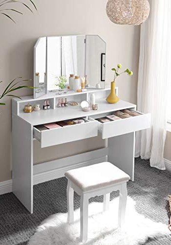 VASAGLE sminkebord, m. trippelspeil, 2 skuffer, 3 pne rom - speilglass, hvit melaminfiner (100x40)