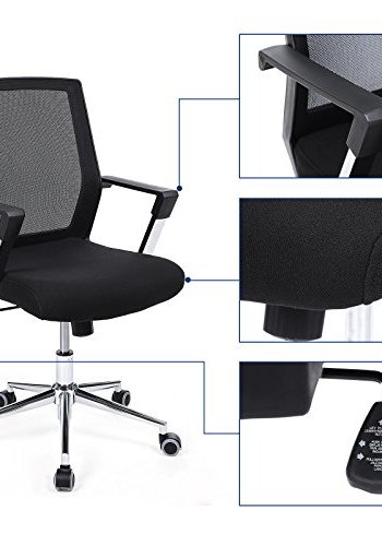 SONGMICS kontorstol, med justerbar hyde, armlener og hjul - sort polyester mesh