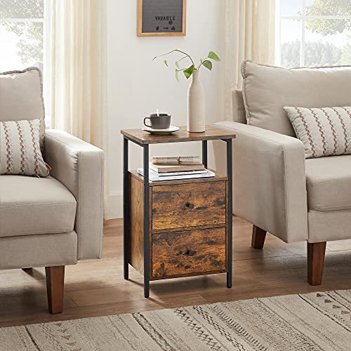 VASAGLE nattbord, m. 1 pen hylle og 2 skuffer - rustikk brun sponplate og sort stl (38x28)