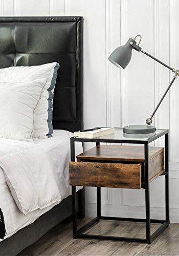 VASAGLE Beistelltisch, mit Ablage und Schublade – Klarglas, rustikale braune Spanplatte und schwarzes Eisen (43x43)