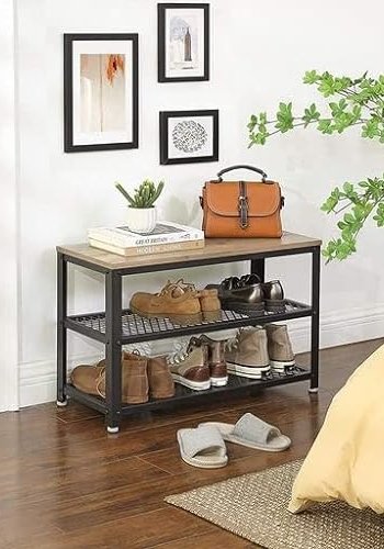 VASAGLE benk, m. 2 skohyller - greige sponplater og sort stl (73x30)