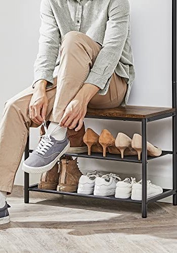 VASAGLE inngangsarrangement, m.  9 kroker, benk, hengestang, 2 hyller, brun sponplate og sort stl