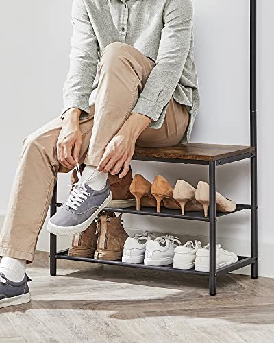 VASAGLE inngangsarrangement, m.  9 kroker, benk, hengestang, 2 hyller, brun sponplate og sort stl