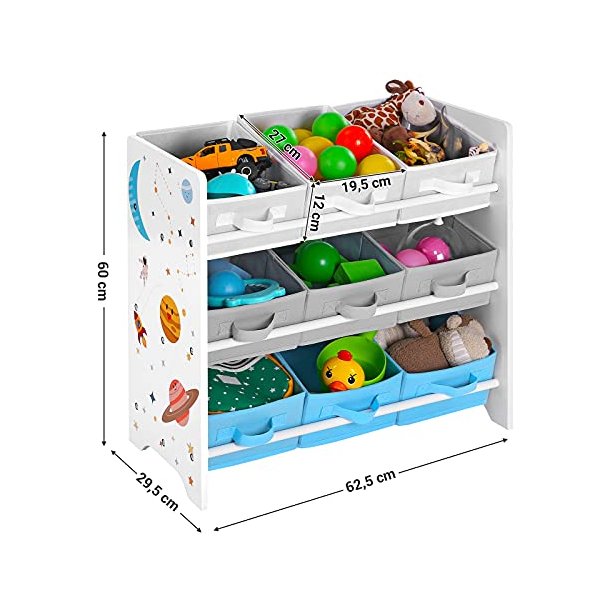 SONGMICS brnereol, m. 9 aftagelige sker - hvid, bl, gr stof og spnplade