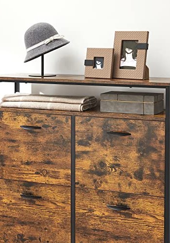 VASAGLE Schuhschrank, mit 4 Flügeltüren und 1 Einlegeboden – rustikale braune Spanplatte und schwarzer Stahl