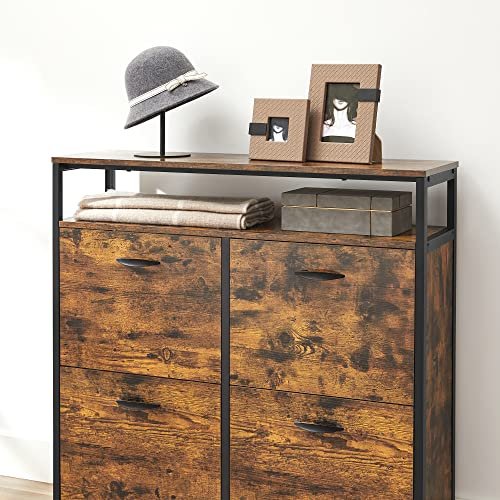 VASAGLE Schuhschrank, mit 4 Flügeltüren und 1 Einlegeboden – rustikale braune Spanplatte und schwarzer Stahl