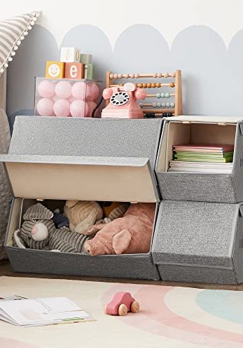 SONGMICS oppbevaringsboks med lokk og magnetisk lukking - gr�tt lin og papp (sett med 4) 