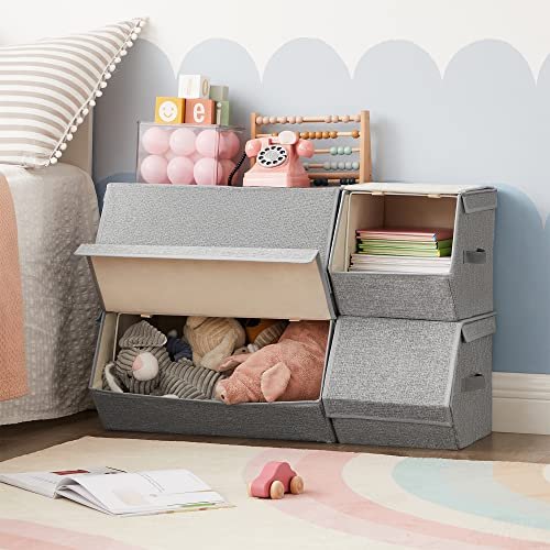 SONGMICS oppbevaringsboks med lokk og magnetisk lukking - gr�tt lin og papp (sett med 4) 