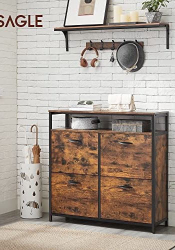VASAGLE Schuhschrank, mit 4 Flügeltüren und 1 Einlegeboden – rustikale braune Spanplatte und schwarzer Stahl