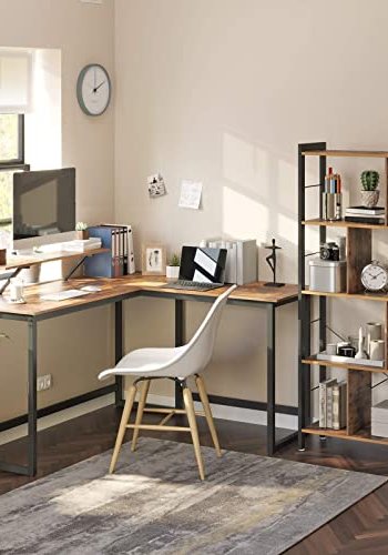 VASAGLE hjrnepult, med skjermstativ - rustikk brun sponplate og sort stl (140x130)