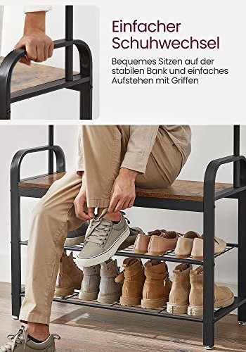 VASAGLE inngangsarrangement, m. 9 kroker, 1 hengestang, 1 sete, 2 hyller - brun sponplate og sort stl