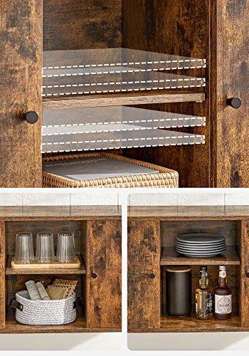 VASAGLE Sideboard, mit 2 Türen und Regal – Hartglas, rustikale braune Spanplatte und schwarzer Stahl